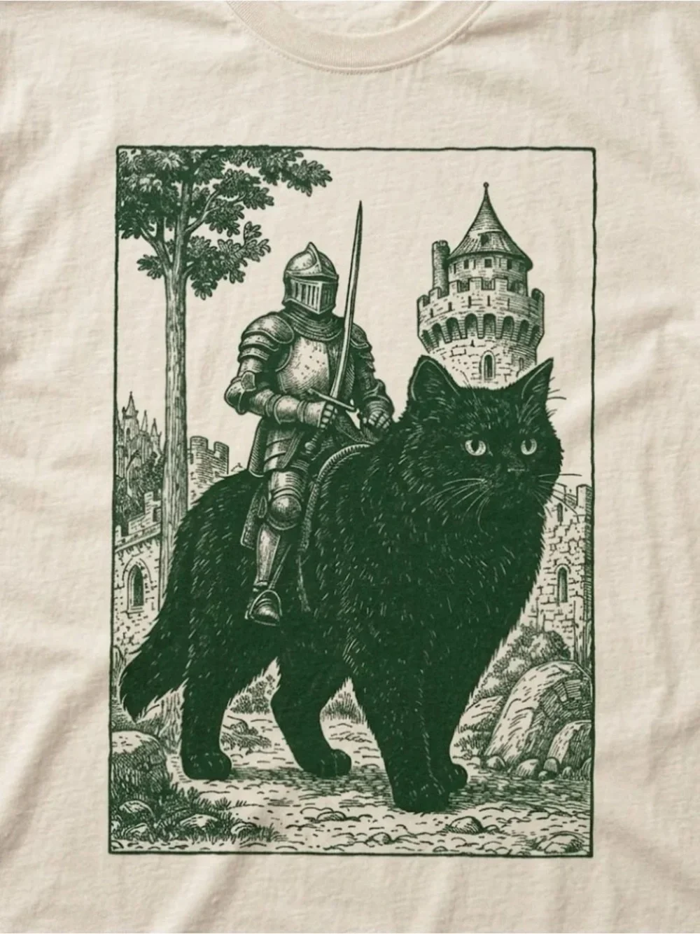Cream Tee with Dark Green Knight-on-Cat Graphic